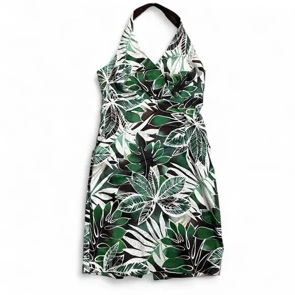 Tropical Leaf Halter Dress | Green White Black | Size M | Jones New York - Picture 1 of 7